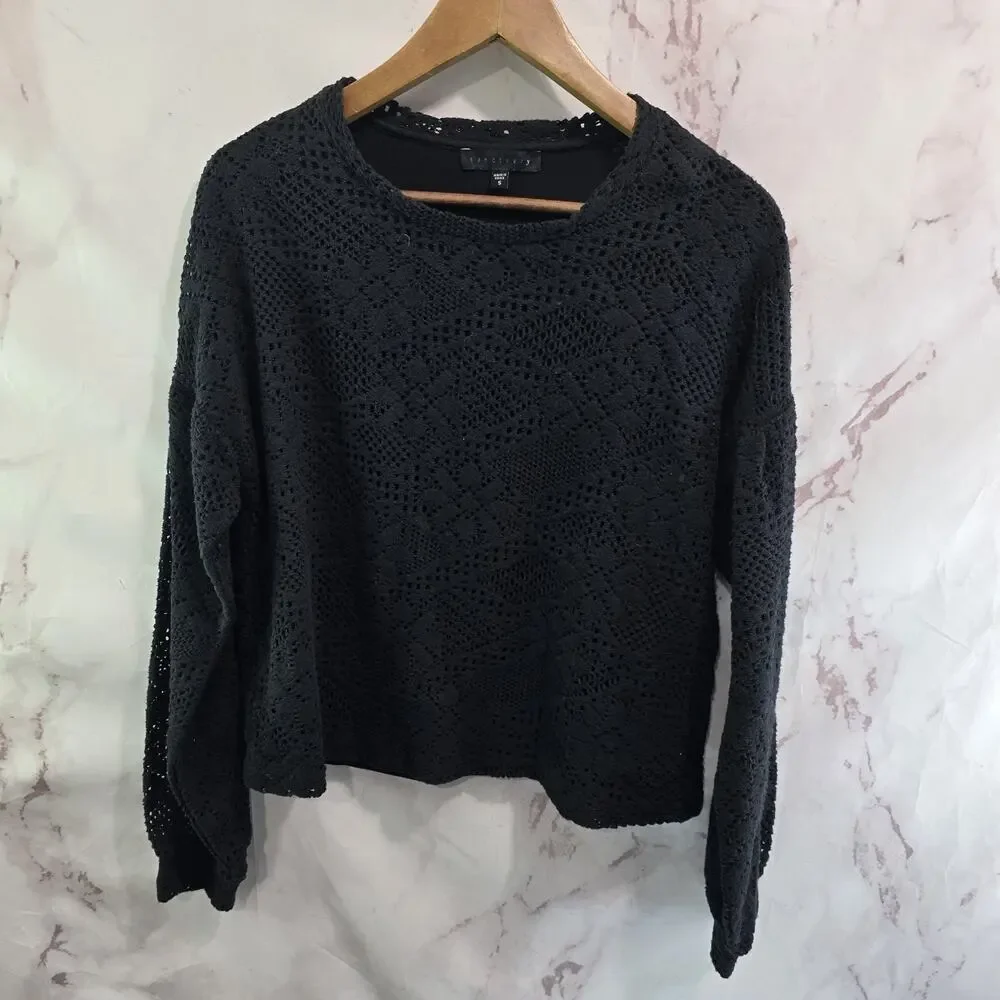 Anthropologie Shirt Womens Small Black Lace Eyelet Balloon Puff Sanctuary
